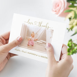 Dusty Roos Flowers Meisje Foto 1e Verjaardag Doop Bedankkaart