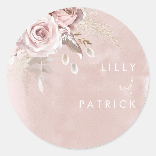 Dusty Roos Flowers Waterverf Blush Wedding Engage Ronde Sticker (Voorkant)