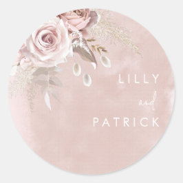 Dusty Roos Flowers Waterverf Blush Wedding Engage Ronde Sticker
