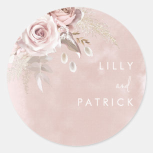 Dusty Roos Flowers Waterverf Blush Wedding Engage Ronde Sticker