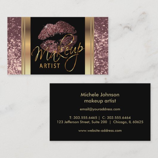 Dusty Roos Glitter Lips and Elegant Gold Script Visitekaartje (Voorkant / Achterkant)