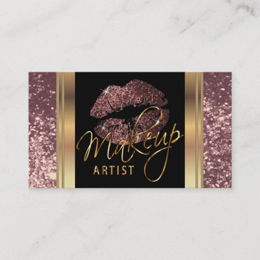 Dusty Roos Glitter Lips and Elegant Gold Script Visitekaartje (Voorkant)