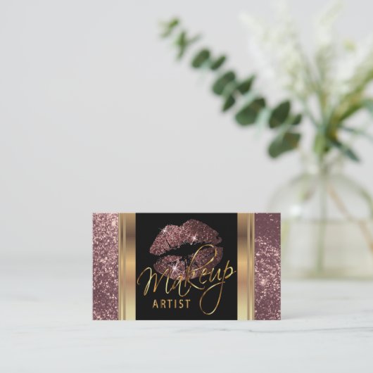 Dusty Roos Glitter Lips en Elegant Goud Script Visitekaartje (Staand voorkant)