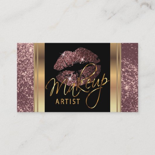 Dusty Roos Glitter Lips en Elegant Goud Script Visitekaartje (Voorkant)