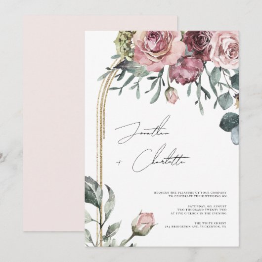 Dusty Roos & Gold Arch Modern Blush Wedding Kaart (Voorkant / Achterkant)