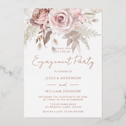 Dusty Roos Gold Blush Floral Engagement Party Folie Uitnodiging (Voorkant)