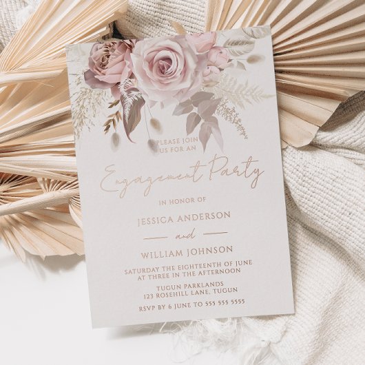 Dusty Roos Gold Blush Floral Engagement Party Folie Uitnodiging