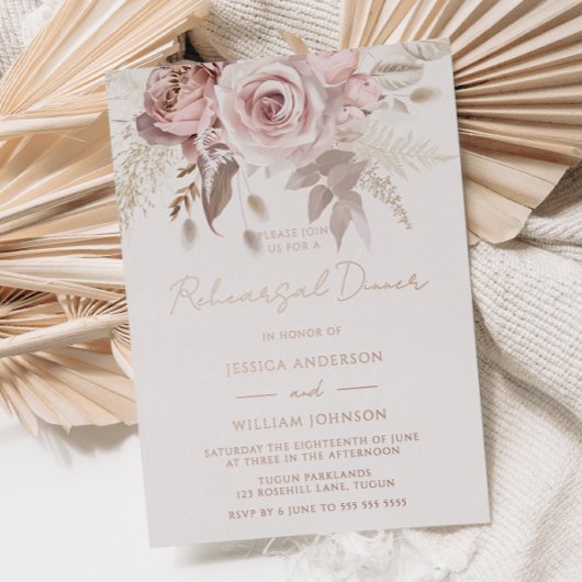 Dusty Roos Gold Blush Floral Rehearings Dinner Folie Uitnodiging
