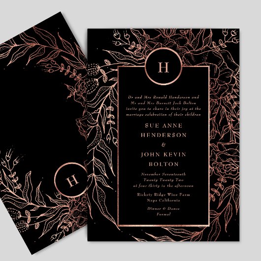 Dusty Roos Gold Classic Monogram WreatWedding Kaart