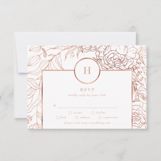 Dusty Roos Gold Classic Monogram WreatWedding RSVP Kaartje (Voorkant)