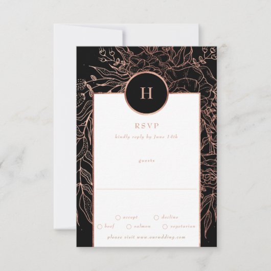 Dusty Roos Gold Classic Monogram WreatWedding RSVP Kaartje (Voorkant)