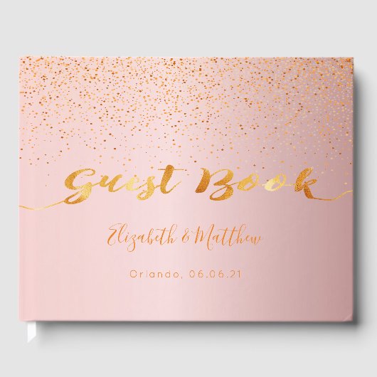 Dusty roos gold confetti script bruiloft gastenboek (Voorkant)