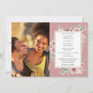 Dusty Roos Gold Floral Photo Wedding Kaart