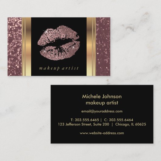 Dusty Roos Gold Glitter Lips and Elegant Gold Visitekaartje (Voorkant / Achterkant)