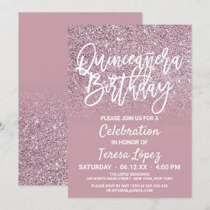 Dusty Roos Gold Pink Glitter Ombre Quinceañera Kaart
