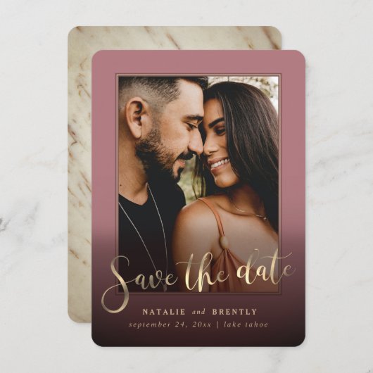 Dusty Roos Gold Script & marble Photo Overlay Save The Date (Voorkant / Achterkant)