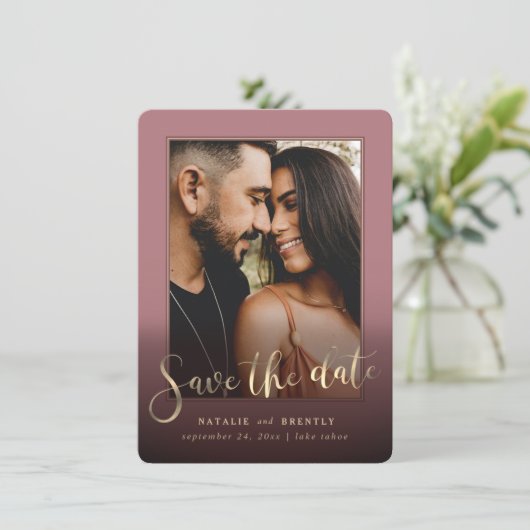 Dusty Roos Gold Script & marble Photo Overlay Save The Date (Staand voorkant)