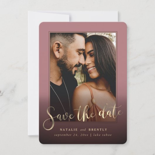 Dusty Roos Gold Script & marble Photo Overlay Save The Date (Voorkant)