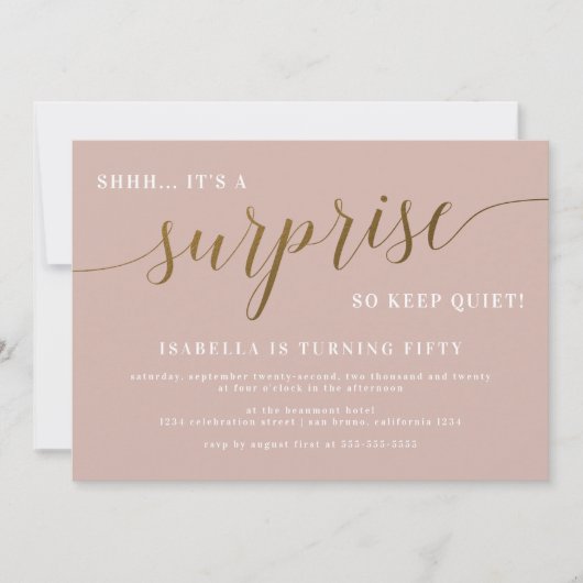 Dusty Roos & Gold Script Surprise Birthday Party Kaart (Voorkant)