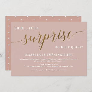 Dusty Roos & Gold Script Surprise Birthday Party Kaart