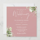 Dusty Roos Greenery Floral Monogram Square Weddens Kaart (Voorkant)