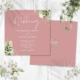 Dusty Roos Greenery Floral Monogram Square Weddens Kaart