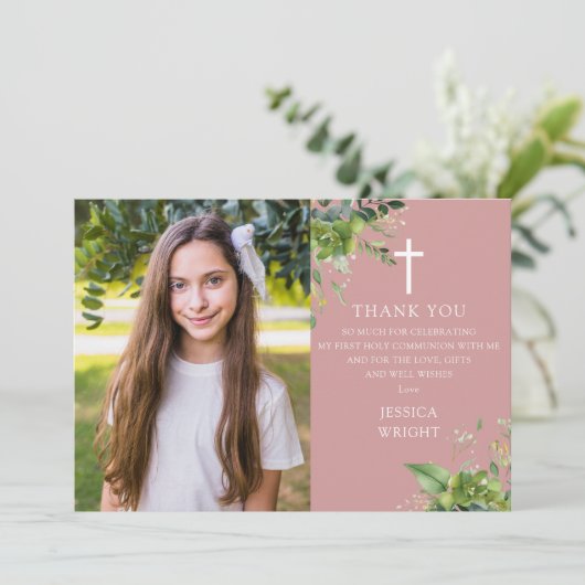 Dusty Roos Greenery Foto Eerste Heilige Communie Bedankkaart (Staand voorkant)