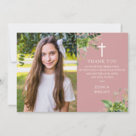 Dusty Roos Greenery Foto Eerste Heilige Communie Bedankkaart