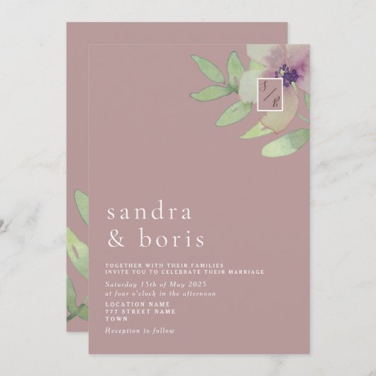 Dusty Roos Greenery Wedding Invitation Kaart (Voorkant / Achterkant)