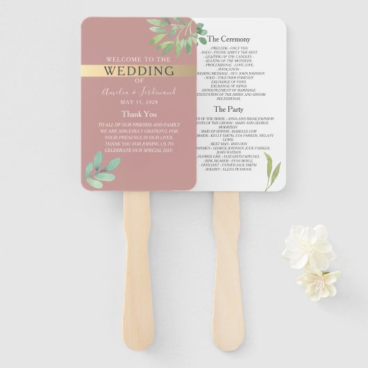 Dusty Roos Greenery Wedding Program Fan Handwaaier (Voorkant en achterkant)