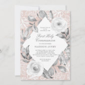 Dusty Roos Grey Floral Lace First Heilige Communie Kaart (Voorkant)