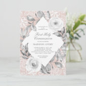 Dusty Roos Grey Floral Lace First Heilige Communie Kaart (Staand voorkant)