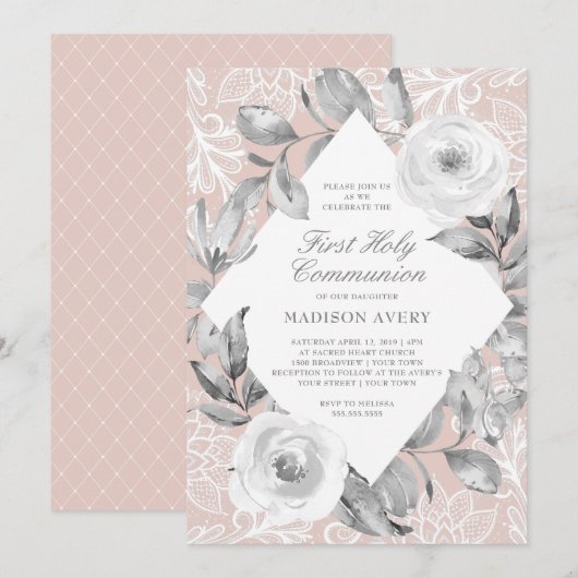 Dusty Roos Grey Floral Lace First Heilige Communie Kaart (Voorkant / Achterkant)