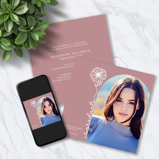 Dusty Roos Handgeschreven Floral Foto Afstuderen Kaart