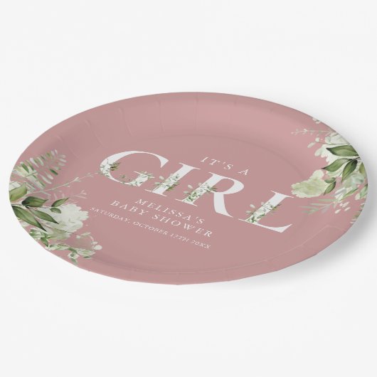 Dusty Roos is een Girl Greenery Letter Baby shower Papieren Bordje (Gekanteld)