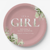 Dusty Roos is een Girl Greenery Letter Baby shower Papieren Bordje (Voorkant)