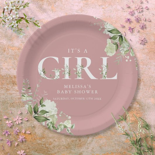 Dusty Roos is een Girl Greenery Letter Baby shower Papieren Bordje