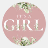 Dusty Roos is een meisje Greenery Floral Baby show Ronde Sticker (Voorkant)