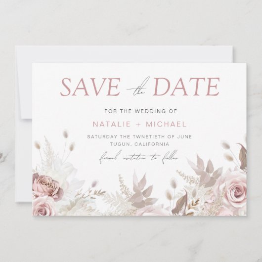 Dusty Roos & Ivory Boho Floral Blush Wedding Save The Date (Voorkant)