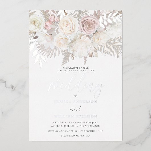 Dusty Roos & Ivory Boho Wedding Silver Folie Uitnodiging (Voorkant)
