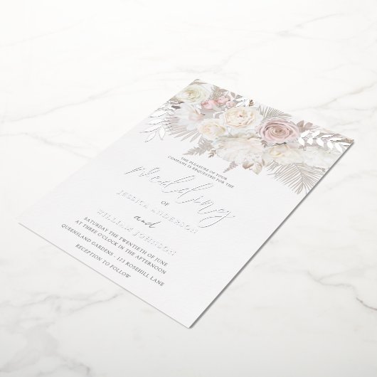 Dusty Roos & Ivory Boho Wedding Silver Folie Uitnodiging (Gedraaid)