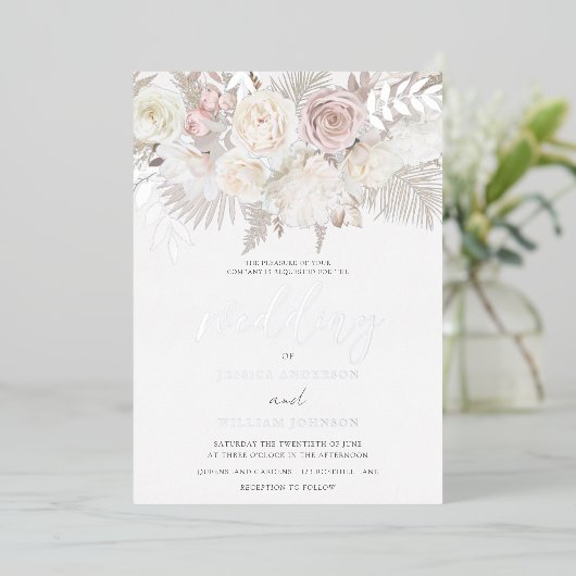 Dusty Roos & Ivory Boho Wedding Silver Folie Uitnodiging (Staand Voorkant)