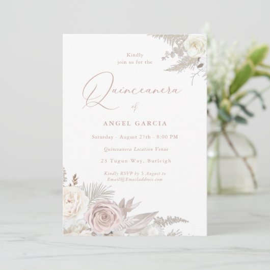 Dusty Roos & Ivory Elegant Quinceanera Party Kaart (Staand voorkant)