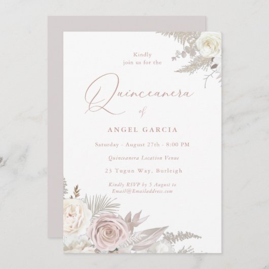 Dusty Roos & Ivory Elegant Quinceanera Party Kaart (Voorkant / Achterkant)