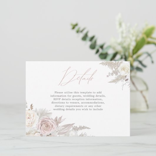 Dusty Roos & Ivory Elegant Wedding Details Informatiekaartje (Staand voorkant)