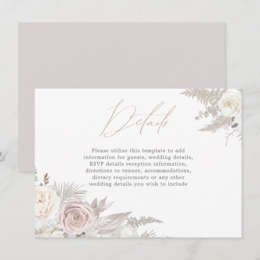 Dusty Roos & Ivory Elegant Wedding Details Informatiekaartje (Voorkant / Achterkant)