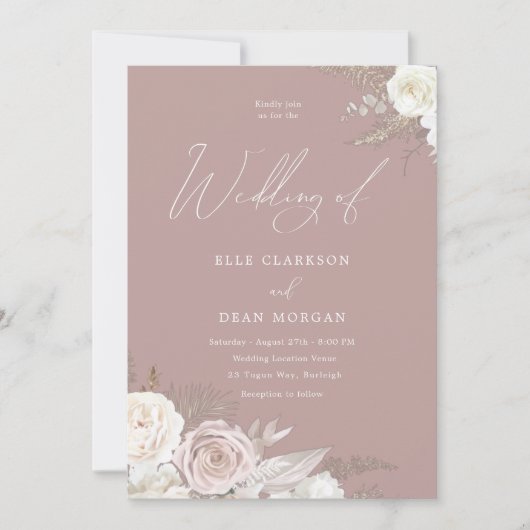 Dusty Roos Ivory Floral Elegant Wedding Kaart (Voorkant)