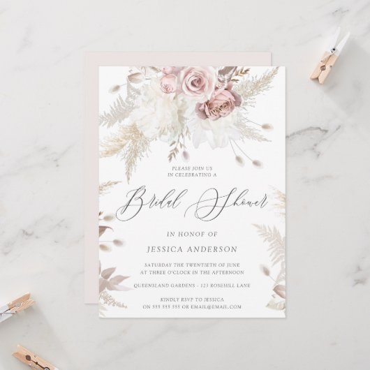 Dusty Roos & Ivory Floral Large Vrijgezellenfeest  Kaart (Voorkant / Achterkant in situ)