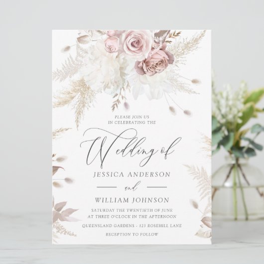 Dusty Roos & Ivory Floral Large Wedding Kaart (Staand voorkant)