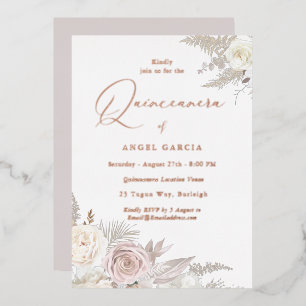 Dusty Roos & Ivory Floral Quinceanera Roos Gold Folie Uitnodiging